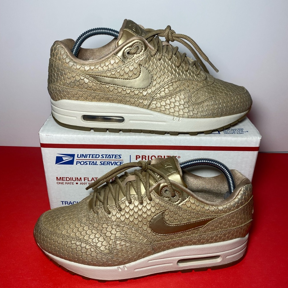 SIZE 9.5 NIKE AIR MAX 1 454746-900 5.0 GOLD FISH BLUR/BLUR-LT OREWOOD BROWN